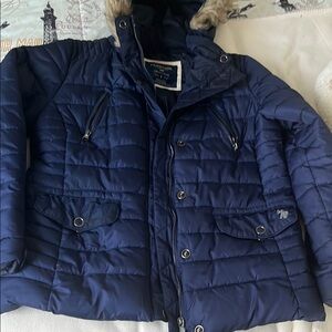 Navy Puffer Jacket with Fur Hood